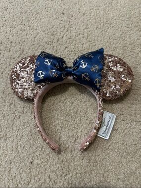 Disney Cruise Line Rose Gold Sequin Minnie Ears Headband w/ Navy Anchor Bow NWOT